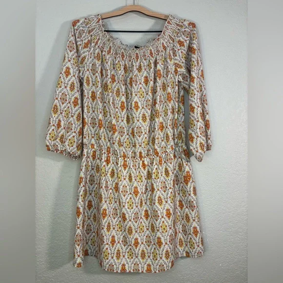 Sanctuary Elle Off Shoulder Boho Orange and Cream Print Dress Size L - Picture 4 of 12